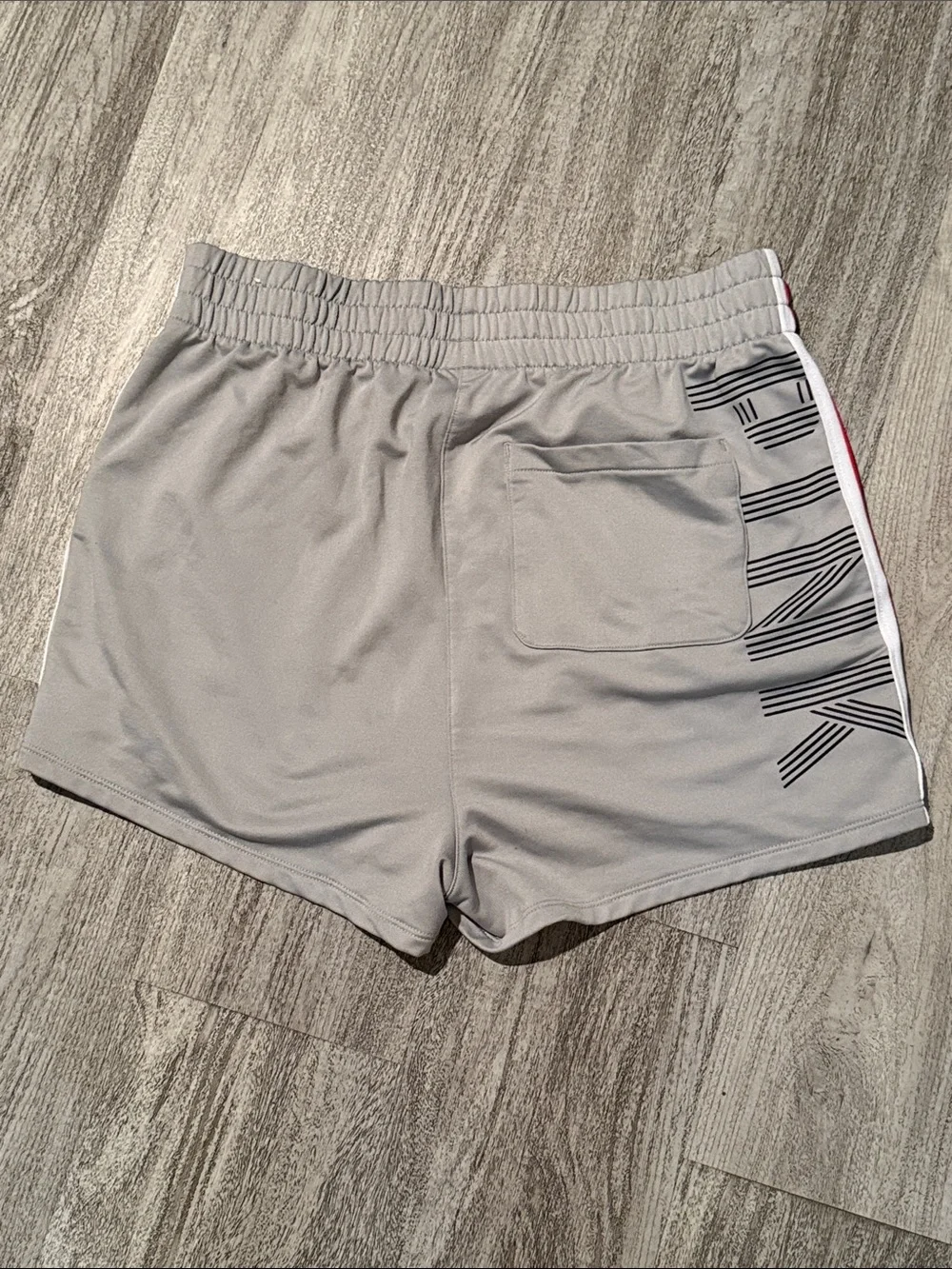 PINK Victoria's Secret Light Gray Athletic Shorts with Red & Black Side Stripes